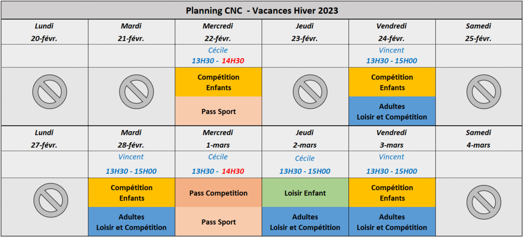 Planning Entrainements Vacances d'hiver 2023