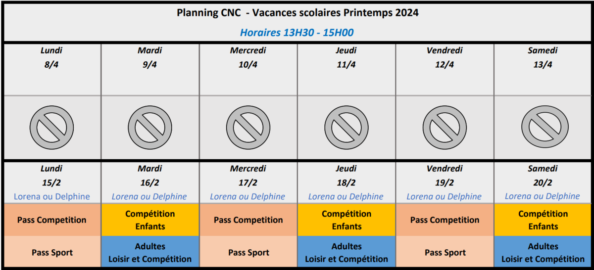 Planning Entrainements Vacances Printemps 2024